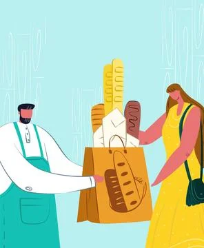 Baker handing over bread package customer, bakery shopping experience, fresh Stock Illustration