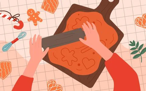 Baker hands roll dough with rolling pin on wooden board, make cookie on table Stock Illustration