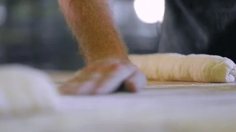 Baker Hands Rolling And Shaping Dough Baguette Bread Stockbeeldmateriaal 89576582
