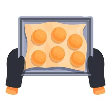 Baker holding baking sheet with freshly baked buns on parchment paper Illustrazione stock