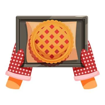 Baker holding baking sheet with freshly baked pie using oven mitts Illustrazione stock