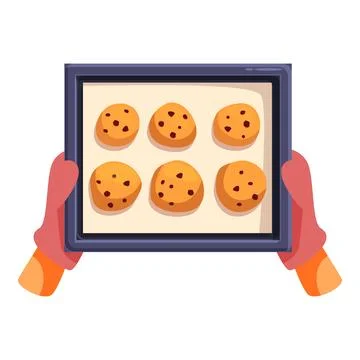 Baker holding baking sheet with freshly baked chocolate chip cookies Illustrazione stock