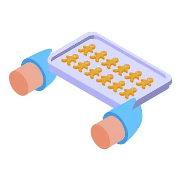 Baker holding baking sheet with gingerbread men cookies isometric view Illustrazione stock