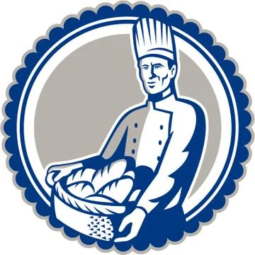 Baker holding basket bread loaf retro Stock Illustration