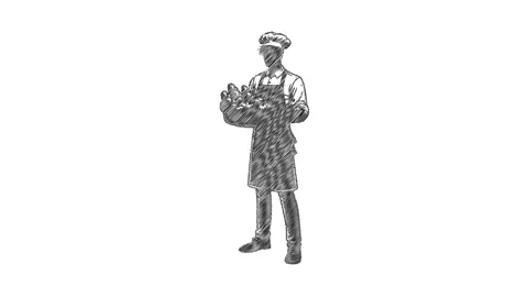 Baker holding basket of fresh bread drawing animation Stock Footage 347786766
