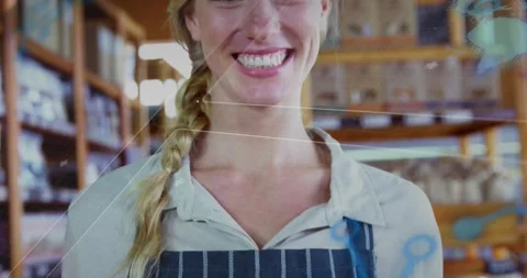 Baker holding bread basket as camera rising revealing smile, overlays crossing 스톡 동영상 328178148