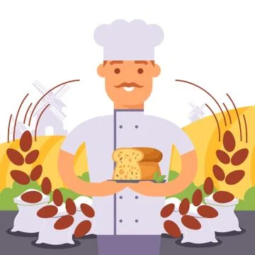 Baker holding bread, vector illustration. Professional cook in chef uniform, on Stockillustratie