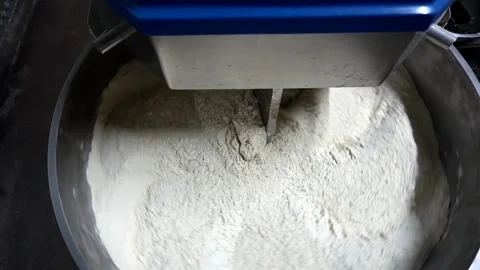 Baker knead the dough for bread in a dough mixer in an industrial bakery. Stock Footage 252931498