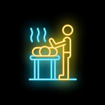 Baker kneading dough on table neon sign vivid bakery logo Stock Illustration
