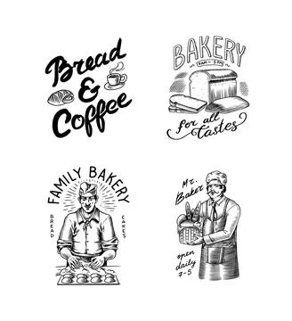 Baker makes dough for bread. Long loaf or baguette. Engraved hand drawn in old Stock Illustration