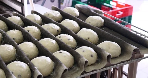 Baker making bread buns and cooking in industrial oven. Organic handmade Stock Footage 84089554