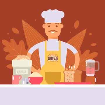 Baker making bread, professional cook in chef uniform vector illustration Stock Illustration