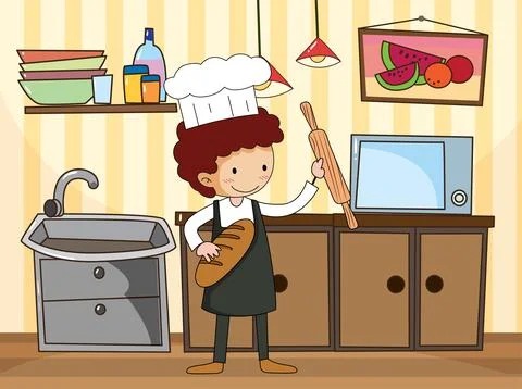 Baker man in the kitchen scene with equipments Stock Illustration
