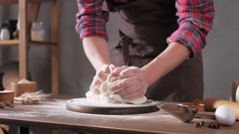Baker man making dough and bakery ingredients for homemade bread cooking Stock Footage 154812129