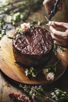 Baker Man Using Flowers Decorating Chocolate Cake Stock Photos
