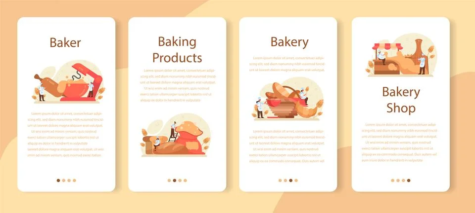 Baker mobile application banner set. Chef in the uniform baking Illustrazione stock
