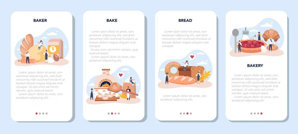 Baker mobile application banner set. Chef in the uniform baking bread. 스톡 일러스트