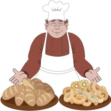 Baker offers the bread and buns Stock Illustration