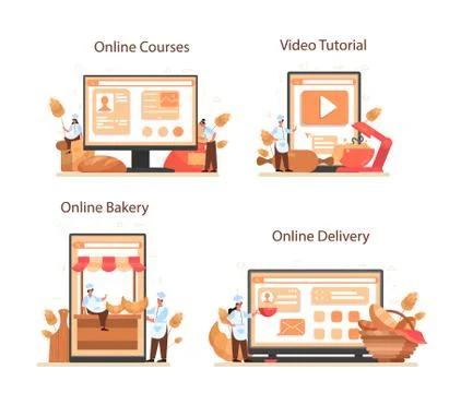 Baker online service or platform set. Chef in the uniform baking Illustrazione stock