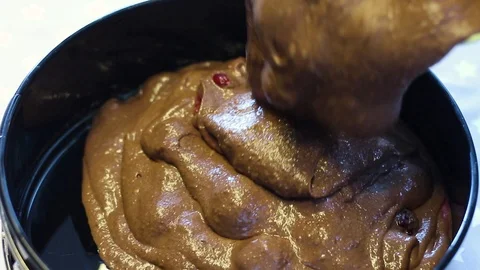 Baker Pours Batter Into The Form For Baking Stock Footage 111411456