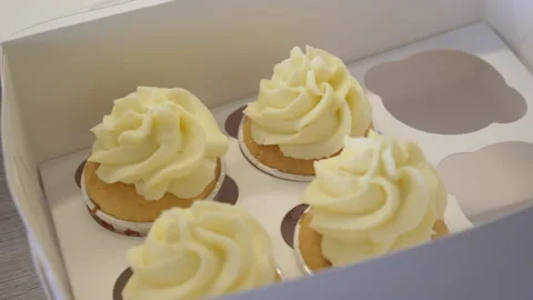 Baker Prepared Pastries. Small Box with Sweets. Custard Cream and Shortcakes Stock Footage 149090352