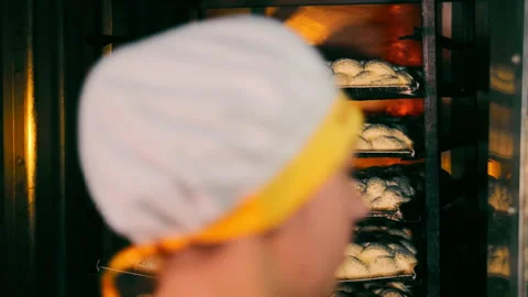 The baker puts the braided bread in the oven. Baking braided bread. Stock Footage 248833740