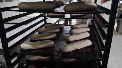 The baker puts the dough forms into the oven to make the loaves. Stock Footage 321691875