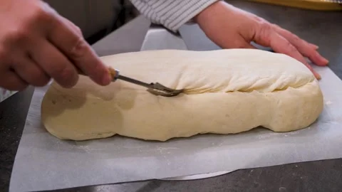 Baker Scoring Fresh Dough Before Baking Artisan Bread Stock Footage 340653143
