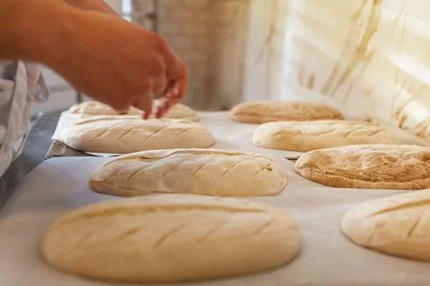 Baker scoring raw bread dough with blade, artisan baking process, close up of Stock Photos