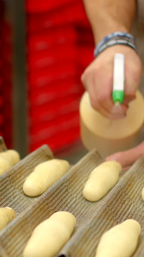 Baker shaping dough rolls with soft mallet on ridged tray in vertical, with Видео 344574457