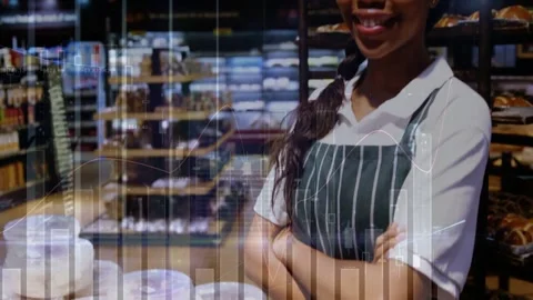 Baker shifting to warm smile during camera pullback, revealing cakes with faint Stock Footage 332936924