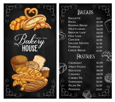 Baker shop menu chalkboard, bread, pastry food Stock Illustration