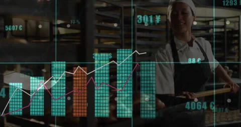 Baker sliding tray of buns off oven using peel, causing animated finance charts Stock Footage 314528573