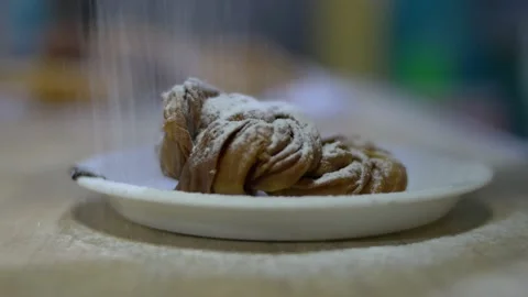 Baker sprinkle sugar powder and chocolate on top of cookies, food cake and ba Stock Footage 140234699