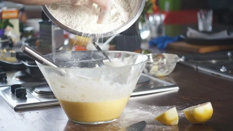 Baker sprinkles flour to make dough for pie, cake, pizza, bread, pancakes. 스톡 동영상 124751530