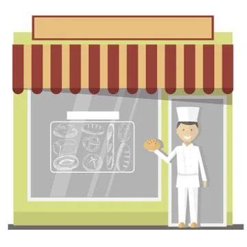 The baker stands at the bakery building. Stock Illustration