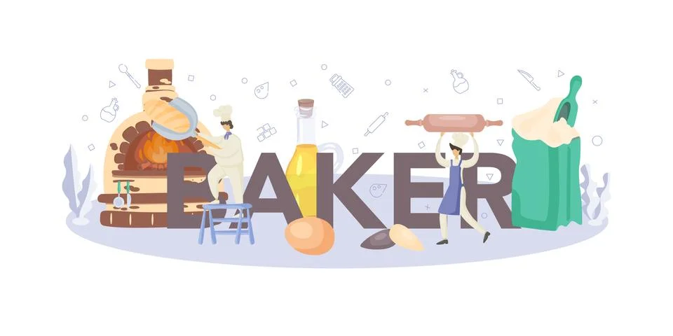 Baker typographic header. Chef in the uniform baking bread. 스톡 일러스트