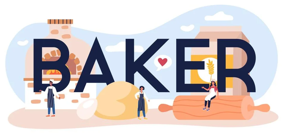 Baker typographic header. Chef in the uniform baking bread. Baking pastry Stock Illustration