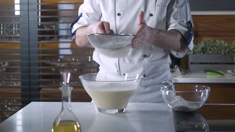 Baker in the Uniform Making Dough for Pizza, Pasta or Pie. Cooking a Recipe. Vidéo 143415742