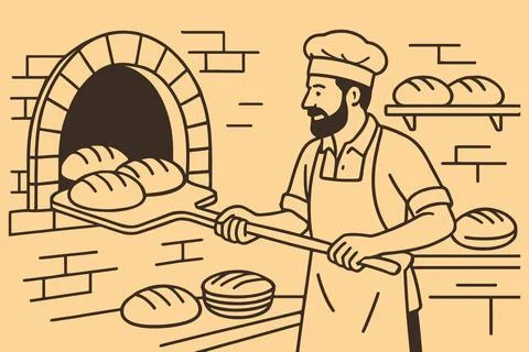 Baker using peel to remove fresh bread from brick oven Stock Illustration