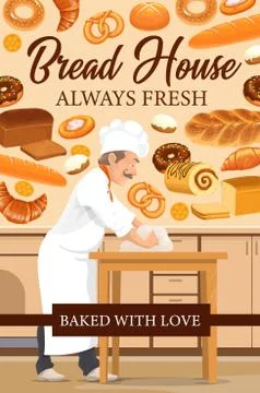 Baker with wheat bread and pastries. Bakery shop Illustrazione stock