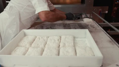Baker in white apron and gloves shapes dough pieces on a floured surface, Vídeo Stock 331755369
