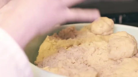 Baker woman forms pie on a table. Hands slowmo Stock Footage 75048111