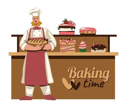 Baker woman hold bread in bakery shop. Different delicious cakes, cupcake a.. Stock Illustration
