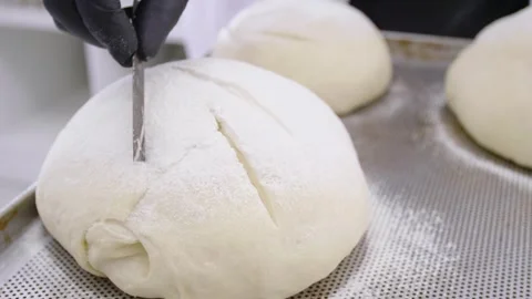 Baker working with dough to prepare buns and bread Stock Footage 280584489
