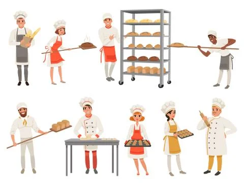 Bakers characters set with bread and cooking tools. Happy people in aprons and Illustrazione stock