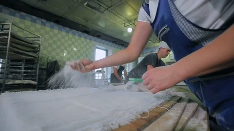 Bakers Prepares Raw Bread For Baking 스톡 동영상 89576474