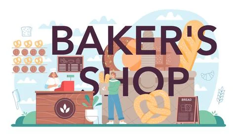 Baker's shop typographic header. Chef in the uniform baking bread. Stock Illustration