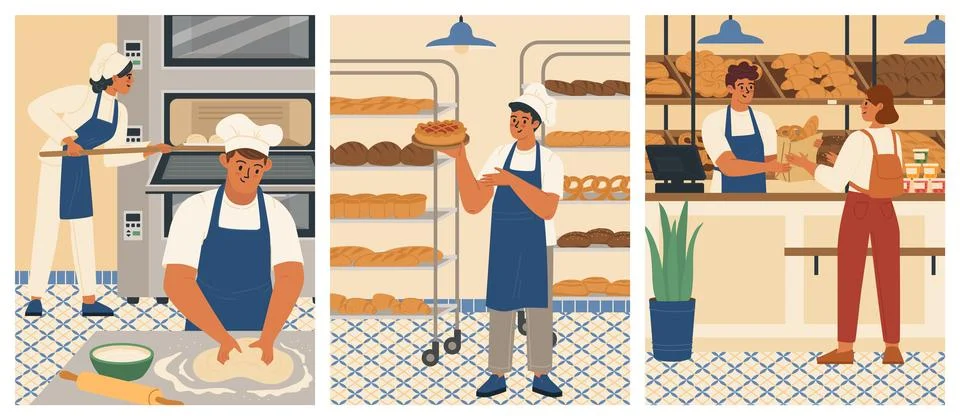 Bakers working at bakehouse vector scene set 库存插图