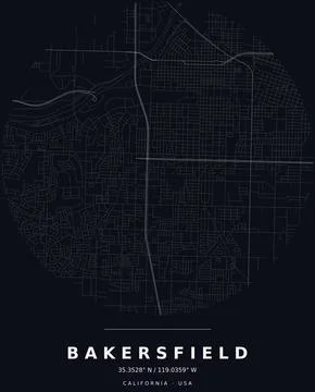 Bakersfield CA Minimalist Street Map Circle Poster, White on Black Stock Illustration